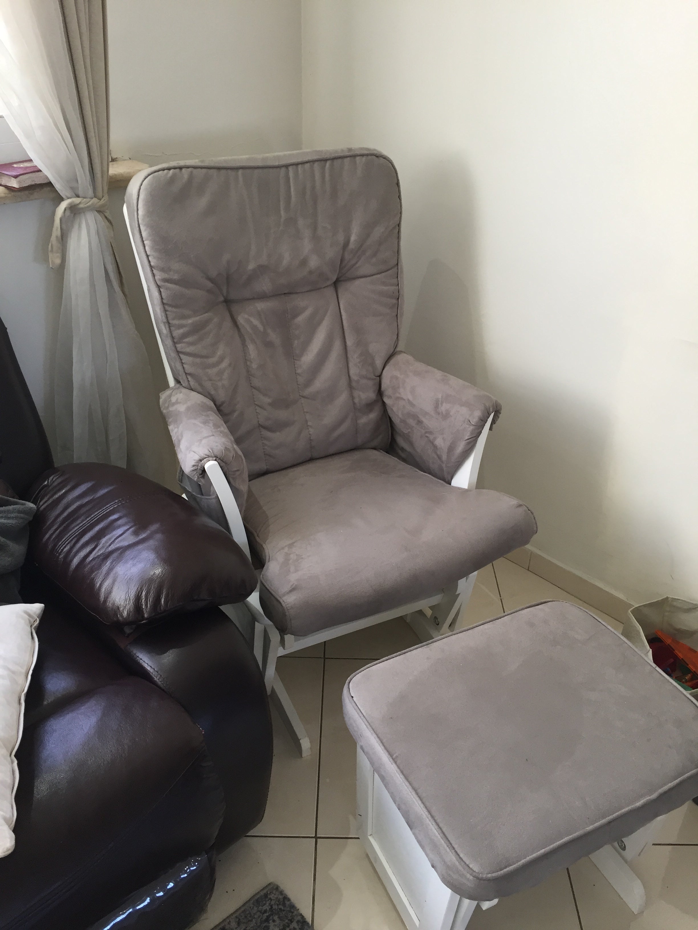 Beautiful Grey Suede/white Wood Comfortable Rocking Chair with Ottoman