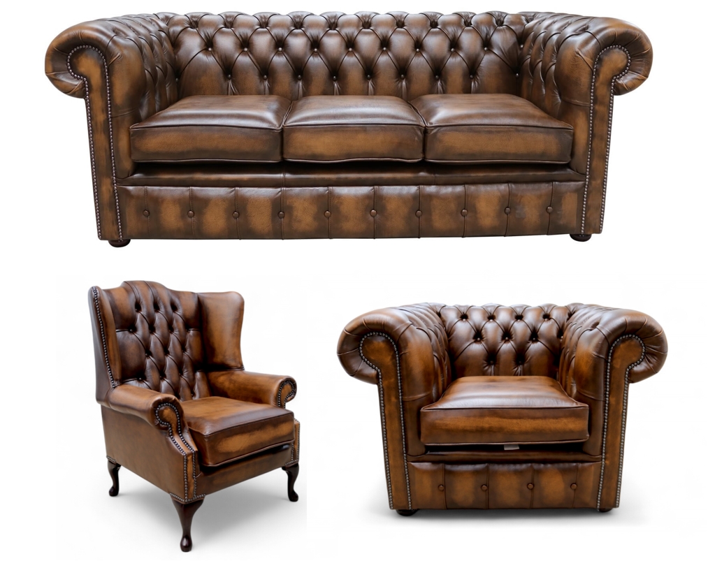 Chesterfield Leather 3 Seater + Mallory Wing Chair + Club Chair Sofa Offer Antique Tan