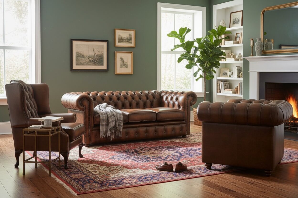 Chesterfield Leather 3 Seater + Mallory Wing Chair + Club Chair Sofa Offer Antique Tan - image 2