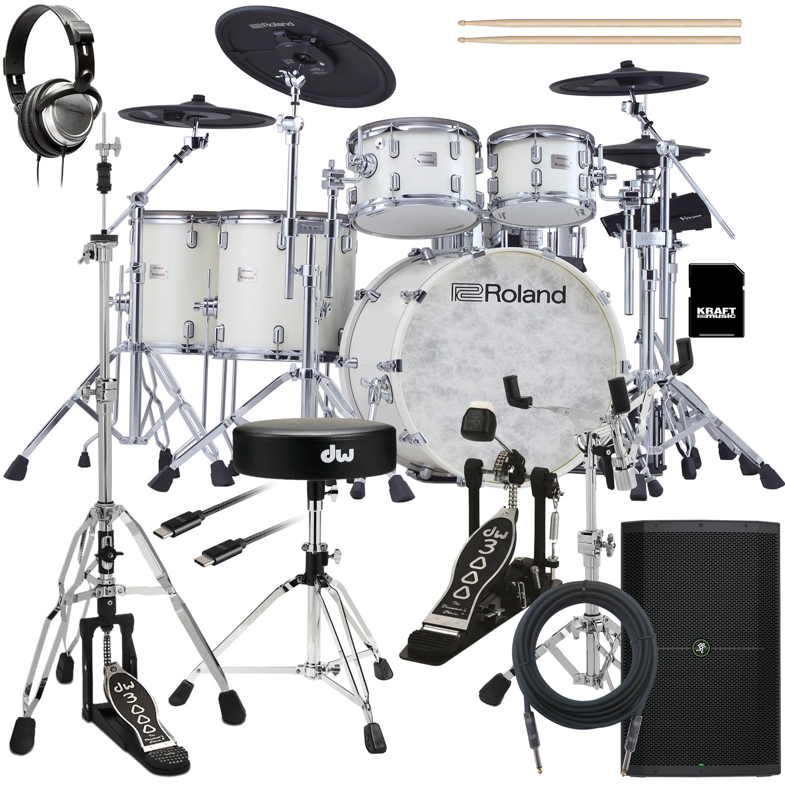 Roland VAD716 V-Drums Electronic Drum Set - Pearl White COMPLETE DRUM BUNDLE