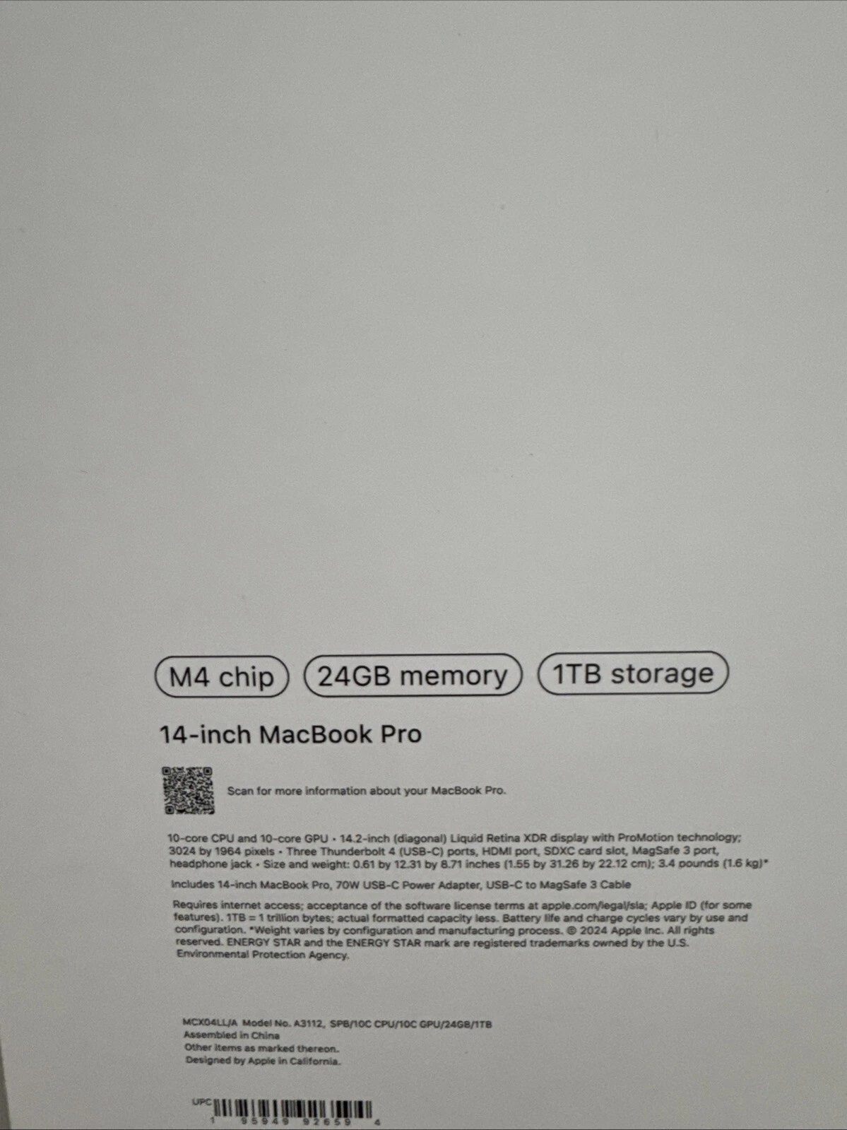 Apple MacBook Pro 14" M4 Chip, 24GB RAM, 1TB SSD, MCX04LL/A New Sealed